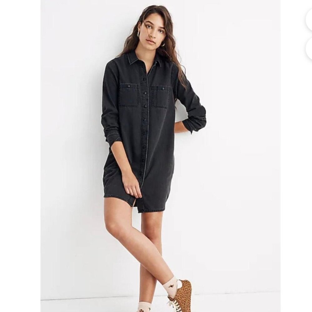 NWOT Madewell Black Vintage-Wash Denim Button-Down Shirt Dress Long Sleeve